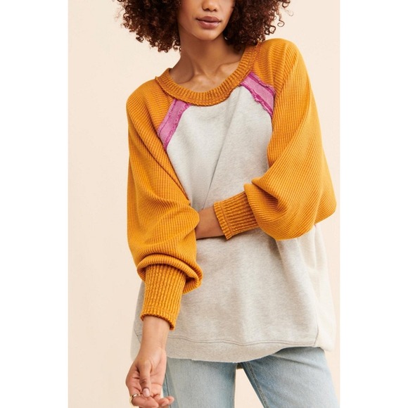 Free People Tops - Free People Pitcher Oversized Pullover Yellow Sleeves Size Medium